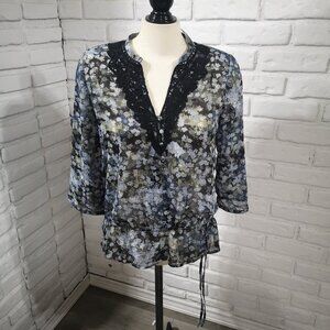 NWT Reitmans Petites Ladies Size Medium Petite Black w/ Blue Taupe & Grey Blouse